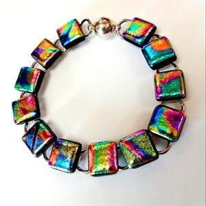 8" Metallic Square Dichroic Fused Glass Link Bracelet